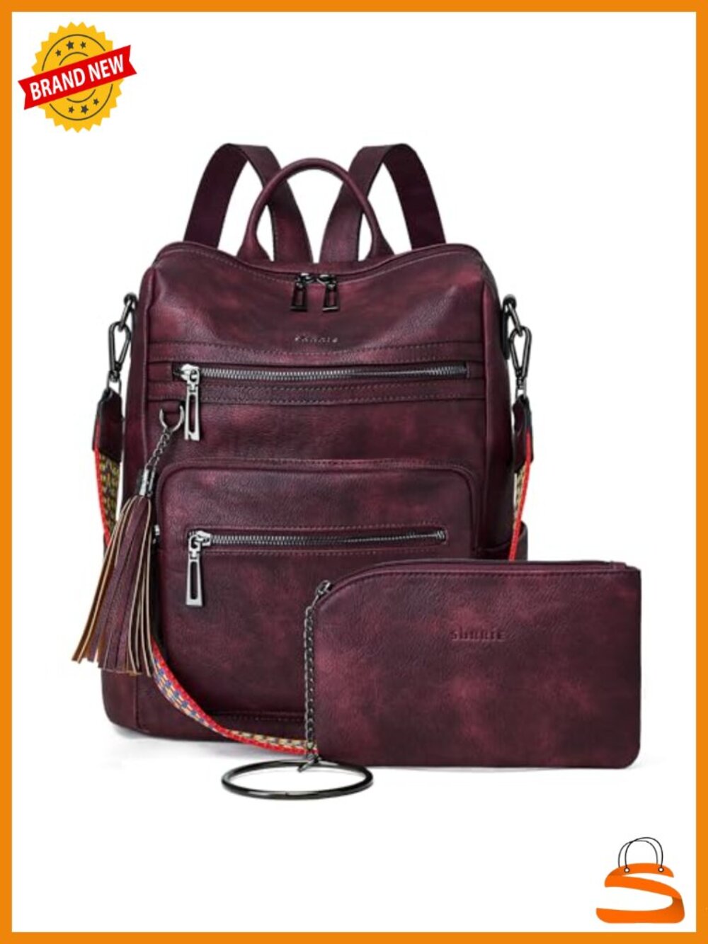 Faux Leather Travel Backpack Purse with Luggage Strap, 9 Pockets, Convertible